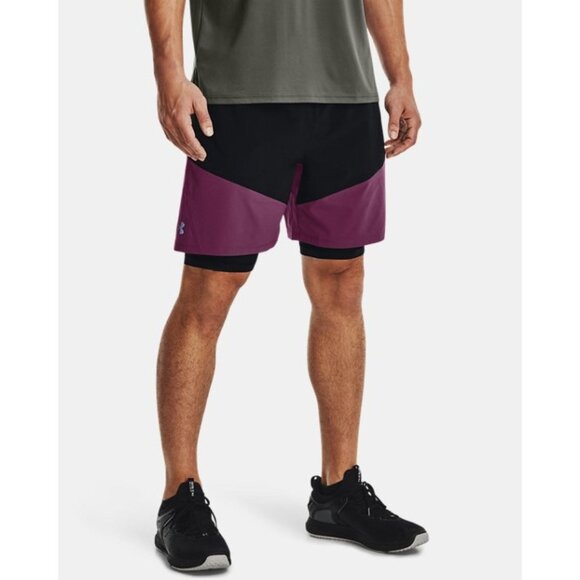 Under Armour Mens Woven 2-in-1 7'' Shorts 1373235 582 Purple Black Size L Large - Picture 3 of 10
